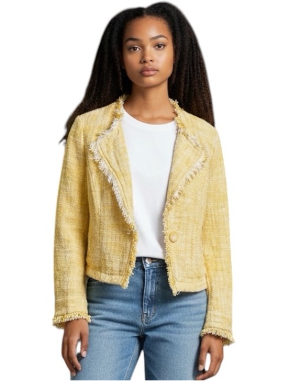 CAbi Daisy Tweed Fringe Jacket Yellow Cotton Cropped Blazer Fringe Trim Size Med